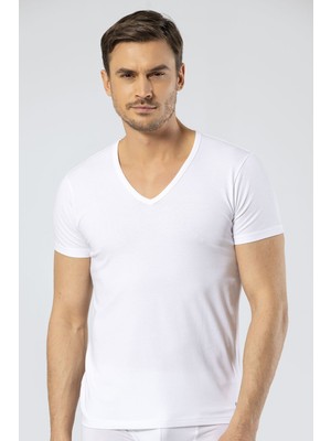 Cacharel Erkek Derin V Yaka Likralı T-Shirt 1306/BEYAZ