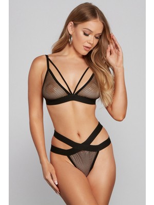 Fantastik Store Kadın Siyah Fileli Beli Çapraz Lastikli Sütyen Takımı