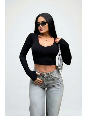 Windy Island Kadın Uzun Kollu V Yaka Parmak Geçirmeli Likralı Crop Top