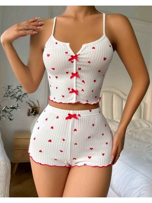 Fantastik Store Kadın Beyaz Fiyonk Desenli Seksi Gecelik Takım 5007