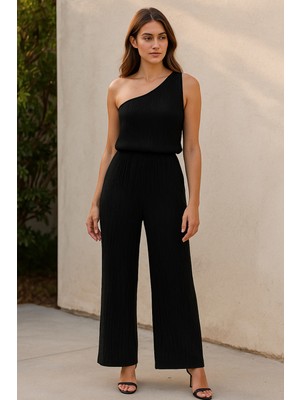 Fantastik Store Kadın Siyah Tek Omuzlu Şık Bluz & Geniş Paça Pantolon Ikili Takım