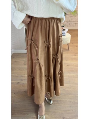 RFK Butik Kadın Kurdele Detaylı Süet Etek - Taba