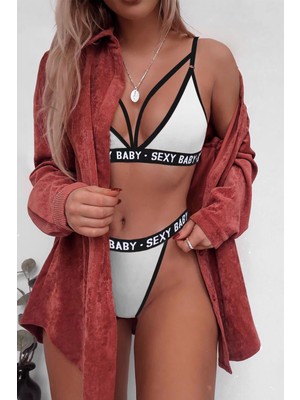 Fantastik Store Kadın Beyaz Yazı Detaylı Ipli Sütyen Takımı