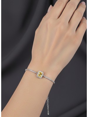 925 Ayar Gümüş Vintage Sarı Tasarım Kare Kesim Su Yolu Kadın Bileklik Doğum Günü Hediye