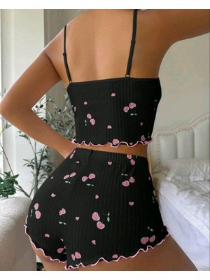 Fantastik Store Kadın Siyah Kiraz Desenli Seksi Gecelik Takım 9003