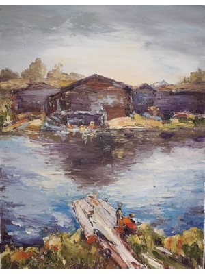 Orijinal El Yapımı Yağlı Boya Tablo “akan Zaman” – Nehir Kıyısı Tuval Çalışması