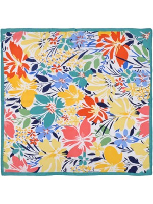 TrendyChic Turkuaz Floral Desenli Canlı Şık Ipek Görünüm Kare Eşarp Şal Fular Kadın Aksesuar 90*90