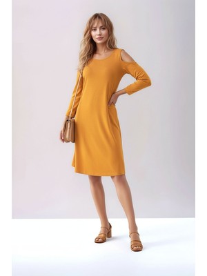 Mamayaga Kadon Omzu Açık Truvakar Kol Bisiklet Yaka Rahat Kalıp Spor Şık Örme Viskon Elbise