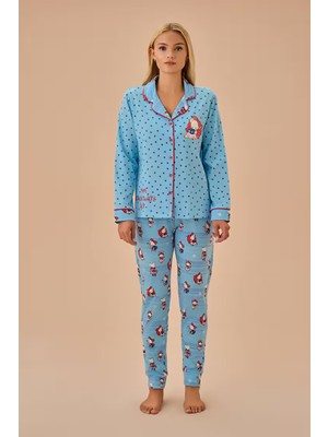 Dream Fashion Mavi Desenli Lulusu Gömlek Yaka Pijama Takımı