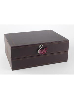 Es Dekor Koyu Mor Kuğu Kulplu Deri Kutu 30X22X12CM Dekoratif Ürün Dekorasyon