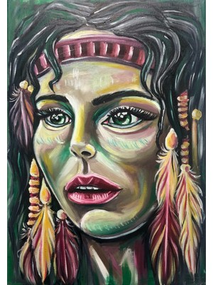 Orijinal El Yapımı Yağlı Boya Tablo – “kızıl Derili Amerikan Kadın” Portre Tuval Çalışması