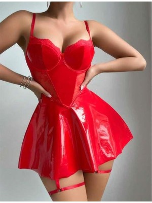 Aria's Closet Arias Closet Kırmızı Parlak Deri Şık Bacak Bantlı Fantezi Club Elbise