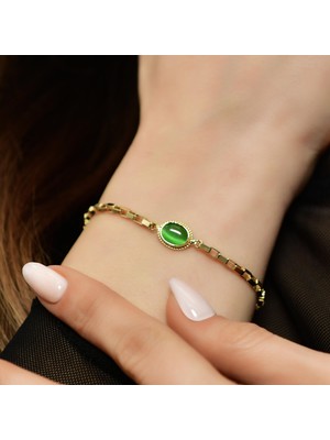 Goldium 14 Ayar Altın Yeşil Taşlı Bileklik