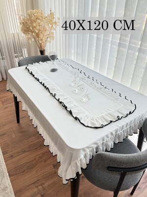 Ars Dt Biyeli Görünümlü Fırfırlı Beyaz Keten Runner Şık Dekoratif 40X120 cm