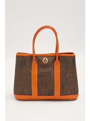 Lêvi D'or Etnik Desenli Uzun Askılı Orta Boy Kadın El ve Omuz Çantası Kahve