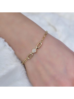 Goldium 14 Ayar Altın Zincir Detay Taşlı Bileklik