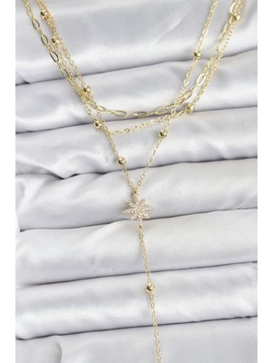 Style Of Carmen Pirinç Gold Renk Kutup Yıldızı Detaylı 3'lü Kombin Kadın Kolye