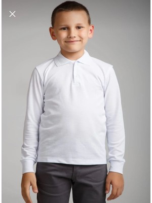 Unısex Penye Polo Yaka Beyaz Uzun Kollu Okul Tişörtü
