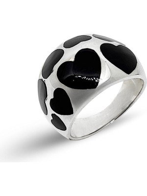 Oya Silver Siyah Mineli Kalp Tasarım Gümüş Kadın Yüzük [OYSY075]