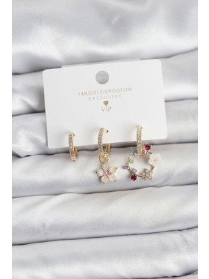 Style Of Carmen Çiçek Model Gold Renk Pirinç 3'lü Kadın Küpe Seti