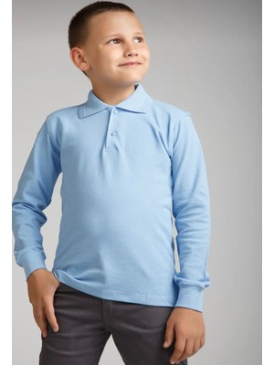 Unısex Penye Polo Yaka Bebe Mavisi Uzun Kollu Okul Tişörtü