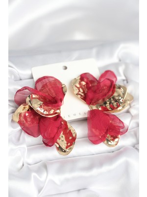Style Of Carmen Pirinç Gold Renk Bordo Tüllü Lotus Kadın Küpe