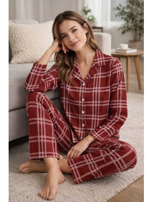 Tenra Kadın Pijama Takımı Boydan Düğmeli Bordo