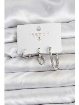 Style Of Carmen Gümüş Renk Zirkon Taşlı 3'lü Kadın Küpe Seti