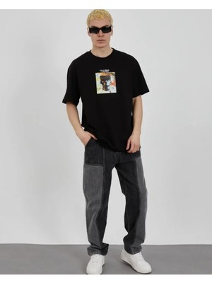 Unisex Bisiklet Yaka Baskılı Oversize T-Shirt - Siyah