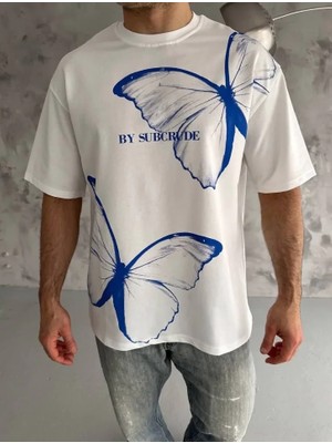 Unisex Bisiklet Yaka Baskılı Oversize T-Shirt - Beyaz