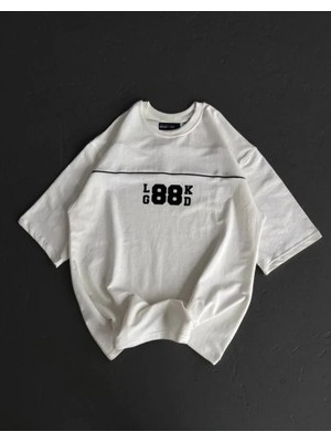 Defy Moda Unisex Bisiklet Yaka Baskılı Oversize T-Shirt - Beyaz