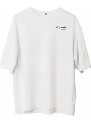 Unisex Bisiklet Yaka Baskılı Oversize T-Shirt - Beyaz