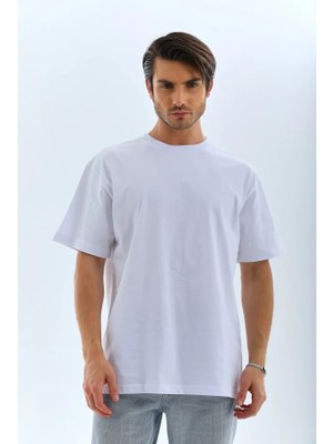 Unisex Oversize Düz Bisiklet Yaka T-Shirt - Beyaz