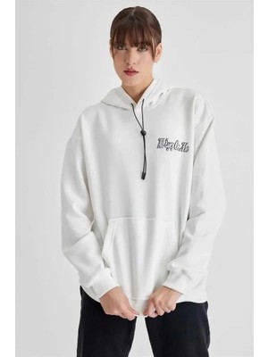 Kapüşonlu Sırt Baskılı Üç Iplik Oversize Sweatshirt - Beyaz