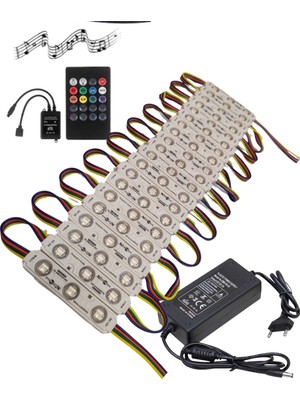 Powerr Led Aydınlatma 20 Adet 12 Volt Samsung 0.72 Watt 3 Lensli Rgb LED Modül Sese ve Müziğe Duyarlı Kumanda 5A Plastik Adaptör Set