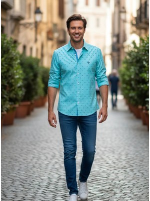 Yusgos Erkek Regular Uzun Kol Noktalı Pamuk Saten Gömlek