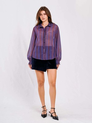 Ayshan Mürdüm Çizgili Bombeli Kol Şeffaf Tül Gömlek