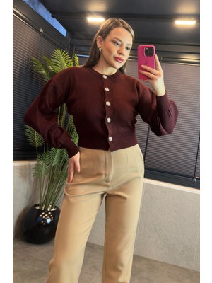 Mir Store Bordo Balon Kollu Çiçek Düğme Detaylı Kısa Hırka