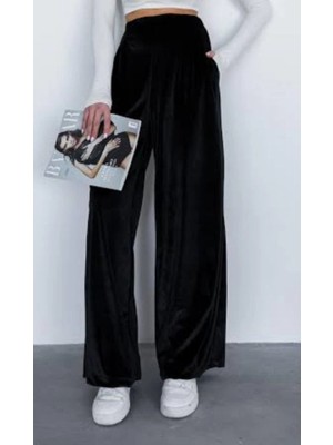 Kadın Yüksek Ben Beli Lastik Detay Kadife Kumaş Bol Paça Pantolon