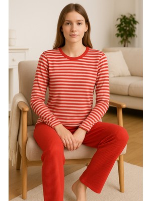 Tenra Kadın Pijama Takımı %100 Pamuk Turuncu Çizgili