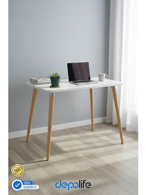 Depolife Ahşap Ayaklı Mutfak Salon Yemek Masası 60X90 cm Gürgen Masif Ayak Beyaz Çalışma Masası