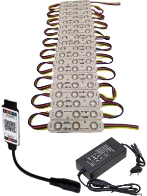 Powerr Led Aydınlatma 20 Adet 12 Volt Samsung 0.72 Watt 3 Lensli Rgb LED Modül Bluetooth Kumanda 5A Plastik Adaptör Set