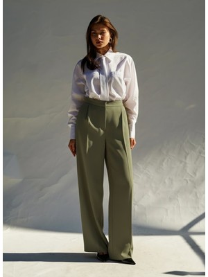 Ayshan Haki Yüksek Bel Bol Paça Yandan Cepli Pileli Pantolon