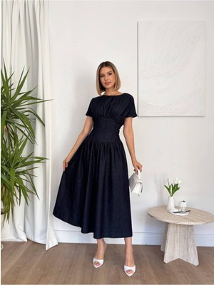 Ayshan Koyu Lacivert Beli Korse Görünümlü Büzgülü Kloş Denim Elbise