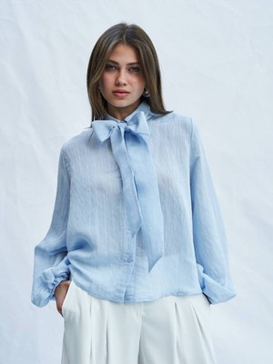 Ayshan Mavi Ön Fırfır Detaylı Gömlek