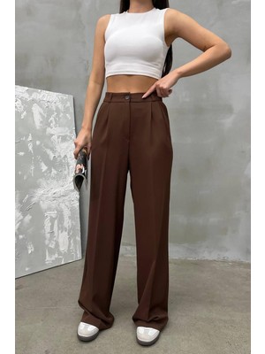 Ayshan Kahverengi Yüksek Bel Bol Paça Pensli Kumaş Pantolon