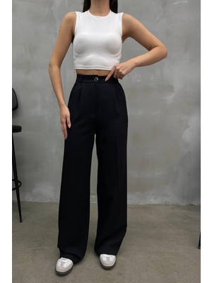 Ayshan Siyah Yüksek Bel Bol Paça Pensli Kumaş Pantolon