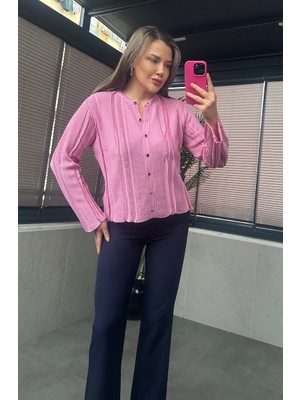 Mir Store Simli Ince Dokuma Detaylı Koyu Pembe Triko Hırka