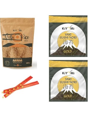 Sevimle Store Suşi Pirinci + Doğal Sushi Nori Set | 2 Adet Sushi Pirinci 500 Gr, 5 Yaprak Kiyomi Yaki Sushi Nori Gold Kurutulmuş Deniz Yosunu, 2 Çift 21 cm Bambu Chopstick