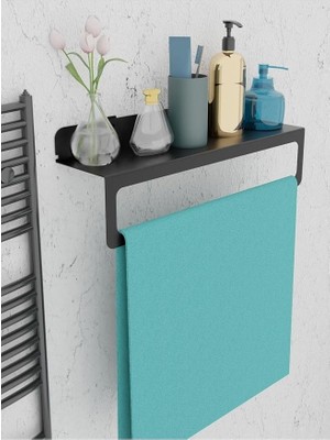 Sevimle Store Siyah Ultra Güçlü Yapışkanlı Metal Raflı Havlu Tutucu, Raf Metal Havlu Askılığı MT93S